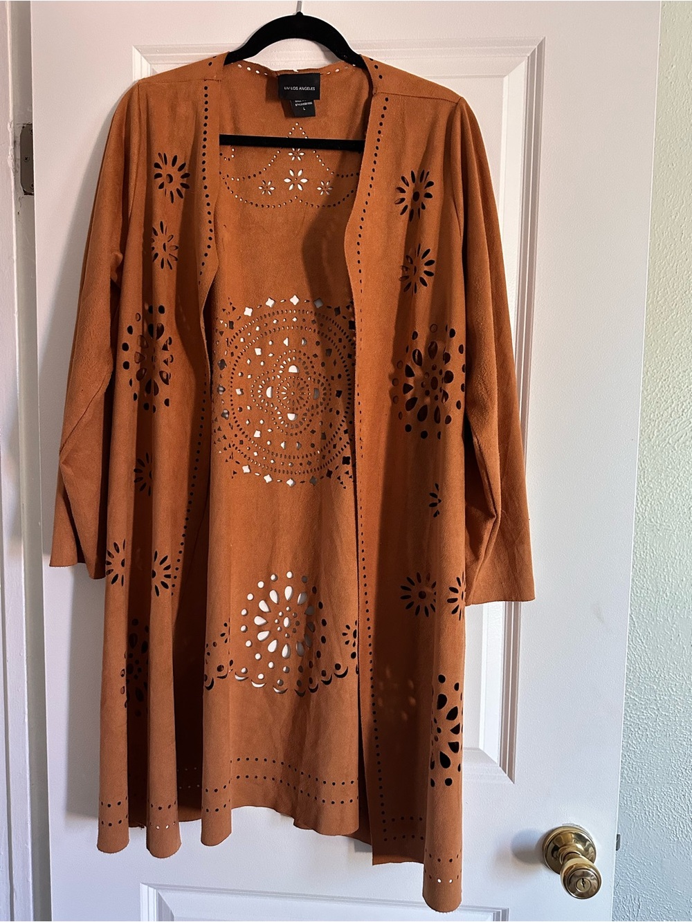Five Stars Suede-Look Laser Cut Open Cardigan in Rust